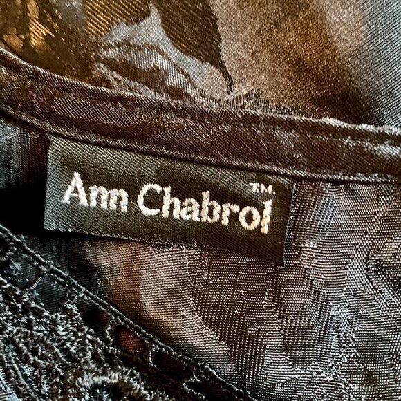 Vintage 80s Black Satin Floral Brocade Blouse Lace Neckline Puff Long Sleeve XL - Picture 3 of 11